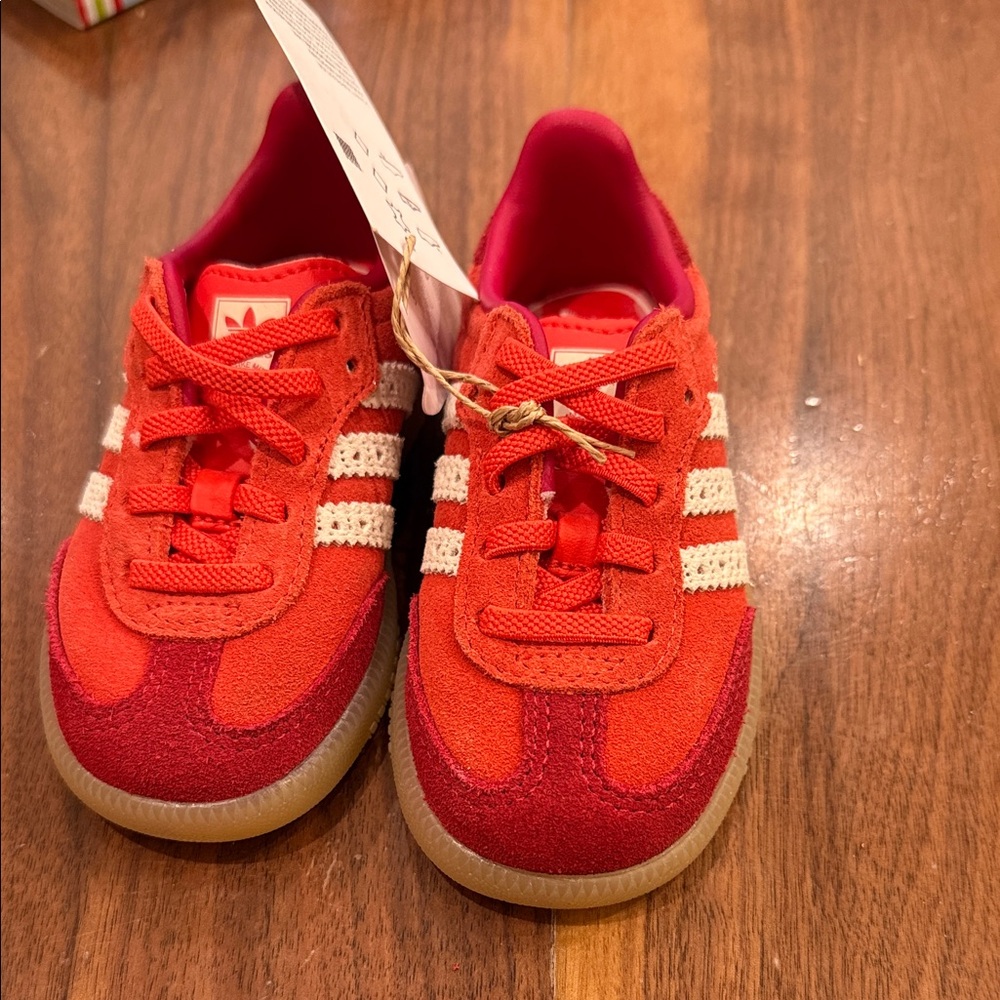 NWT Adidas toddler Bright Red Sneakers with cutout hearts in white stripes